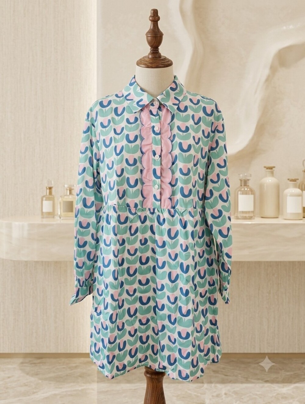 Lovesoft Green Floral Print Notched Neck Scallop Design Long Sleeve Mini Dress
